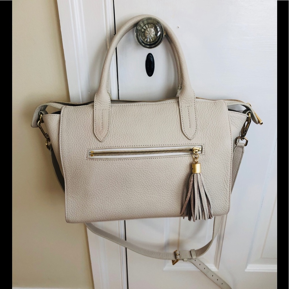 GiGi New York Pebbled Leather Satchel in Light Beige with Tassel